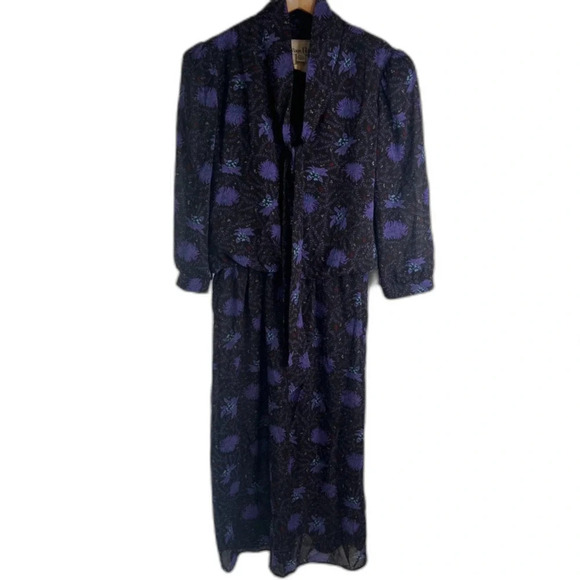 Alison Peters Dresses & Skirts - Alison Peters VTG Made in USA Purple Floral Blouson‎ Tie Neck Maxi Dress SZ 14